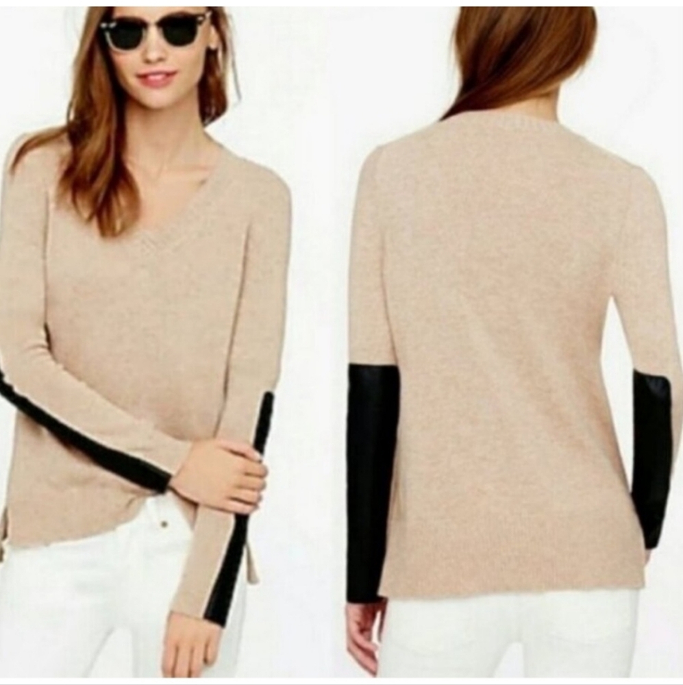 J Crew Women's Tan Black Leather Elbow Patch Edgy Cashmere Sweater